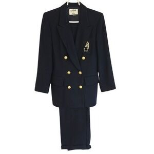 Kasper ASL Sz 6 Navy Blue 100% Wool Double Breasted Pant Suit Gold Crest Buttons